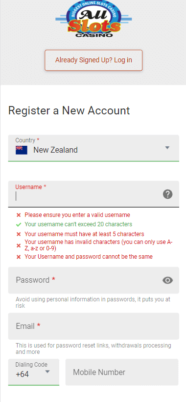 All Slots Casino Registration Process Image 1