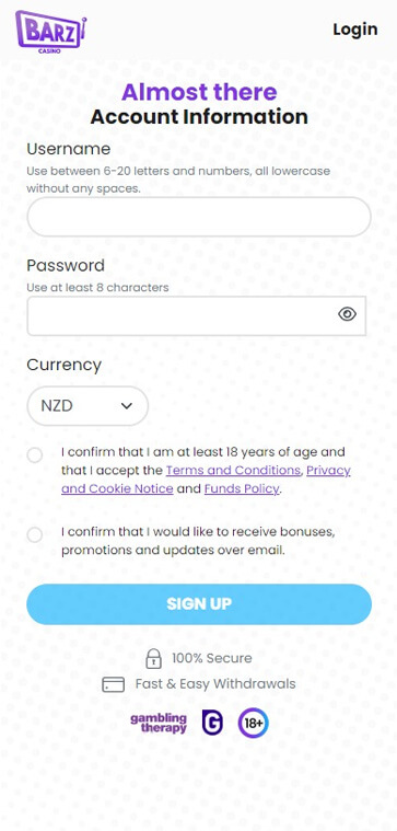 Barz Casino Registration Process Image 1