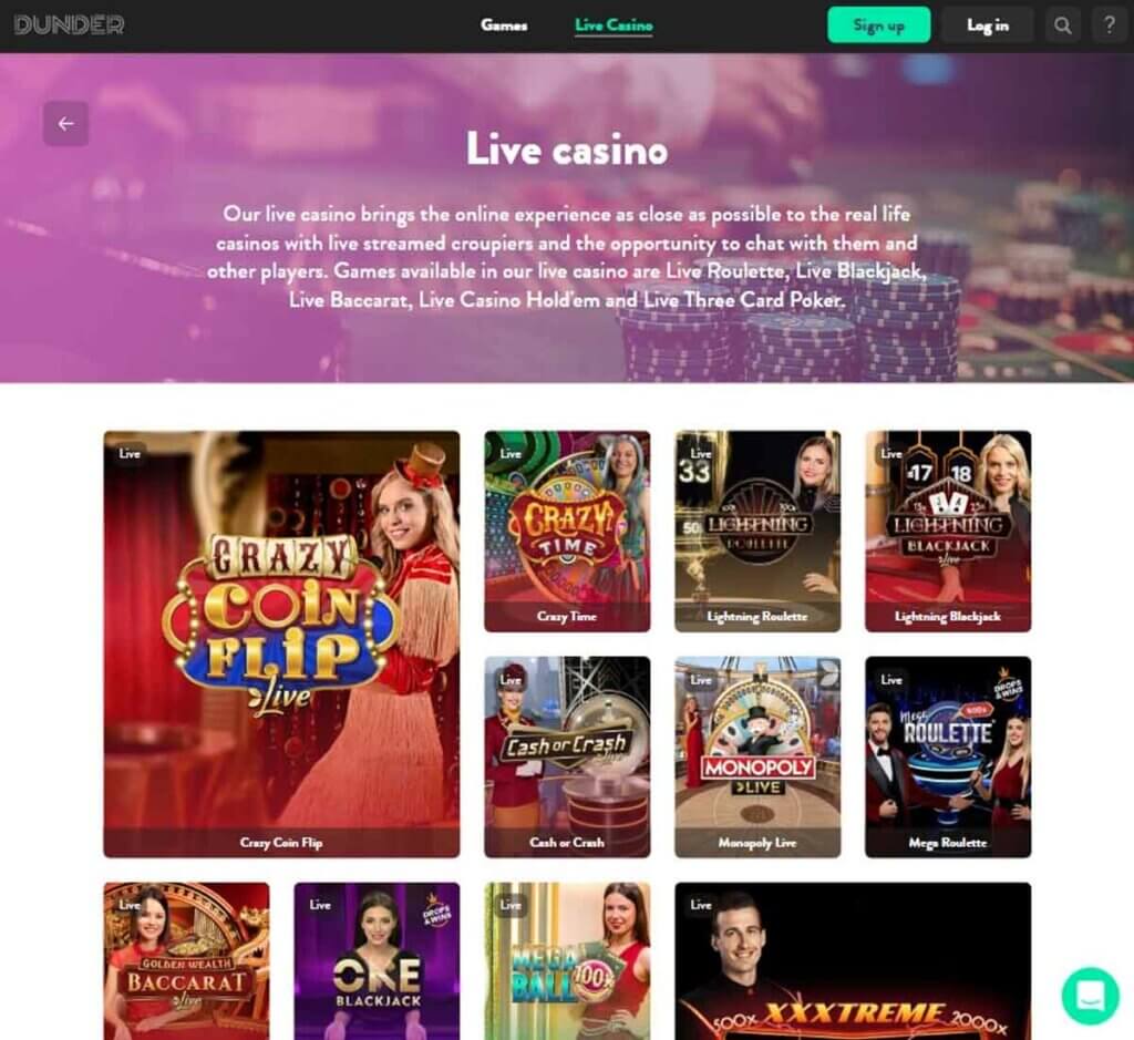 dunder-casino- dektop-preview- live-casino