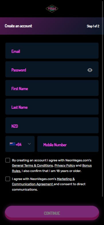 Neon Vegas Casino Registration Process Image 1