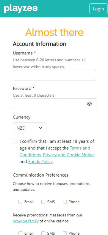 Playzee Casino Registration Process Image 1