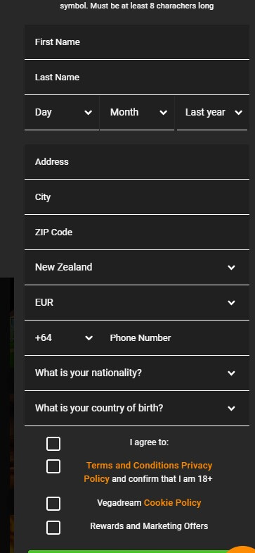 Vegadream Casino Registration Process Image 1