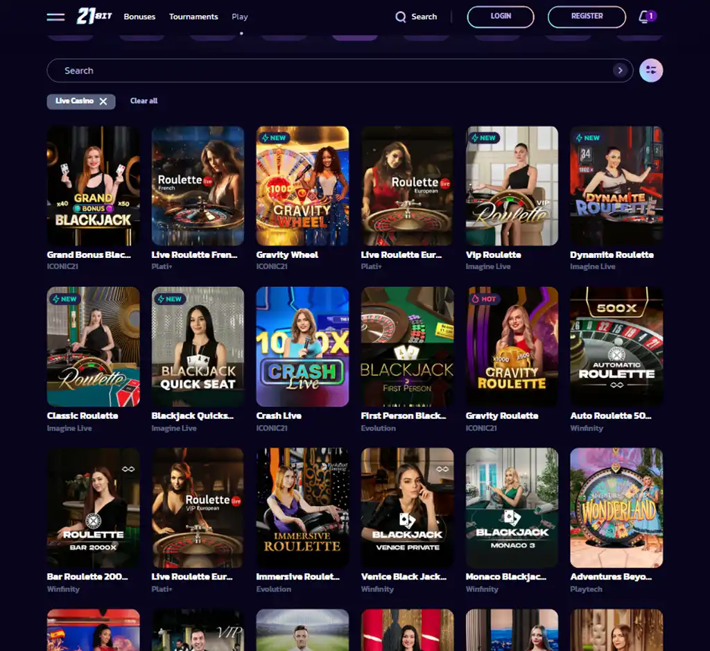 21 Bit Casino desktop live casino lobby screenshot featuring live dealer games and real-time streaming interface - review testing 21 Bit Casino desktop live casino lobby screenshot featuring live dealer games and real-time streaming interface - review testing