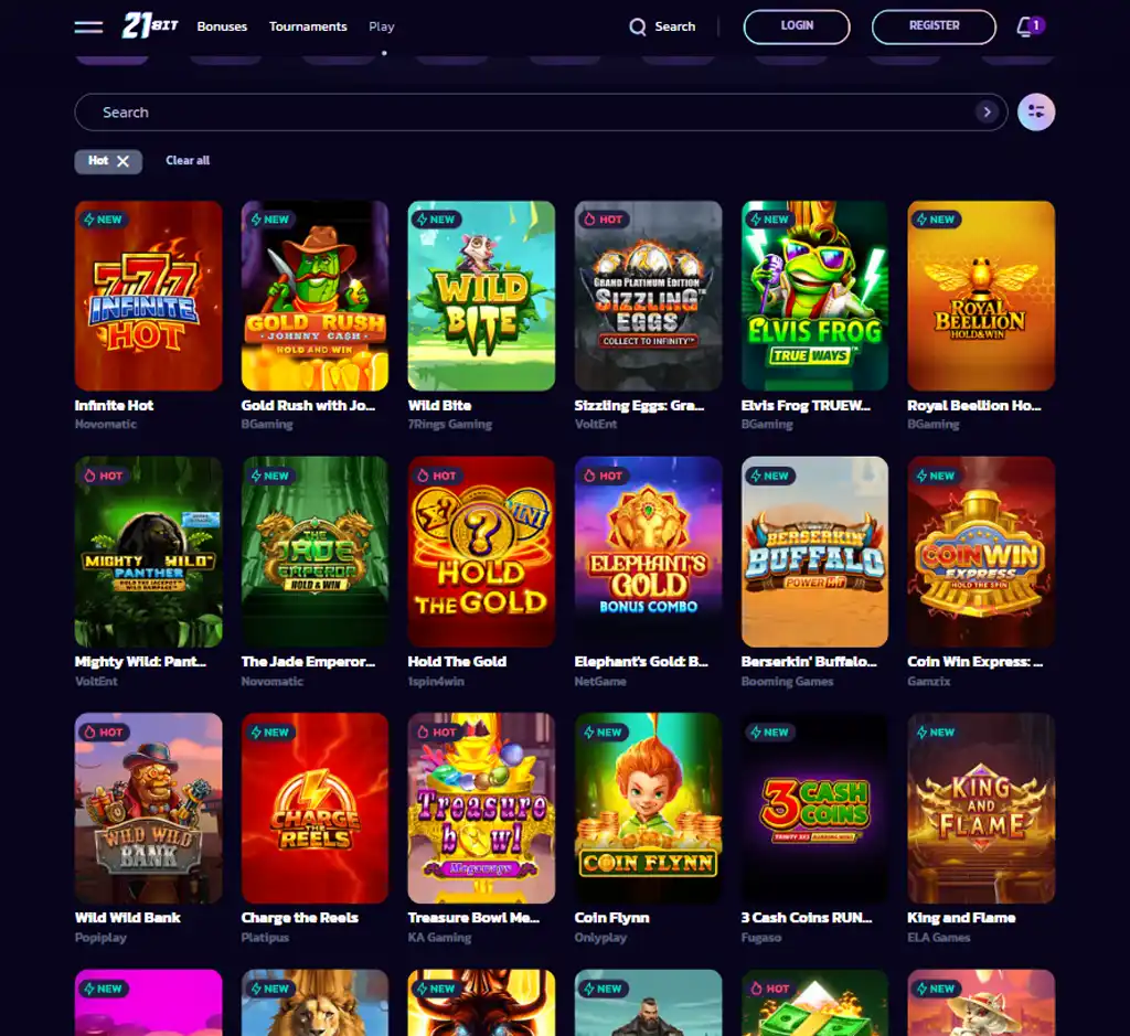 21 Bit Casino desktop popular games section screenshot displaying featured slot titles, jackpots and player favorites - tested 21 Bit Casino desktop popular games section screenshot displaying featured slot titles, jackpots and player favorites - tested