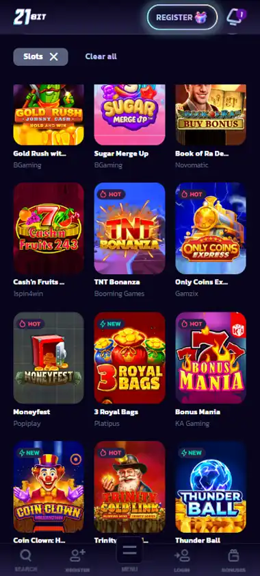 21 Bit Casino mobile slots interface screenshot showing slot game selection with popular titles and filtering options - captured during platform testing 21 Bit Casino mobile slots interface screenshot showing slot game selection with popular titles and filtering options - captured during platform testing