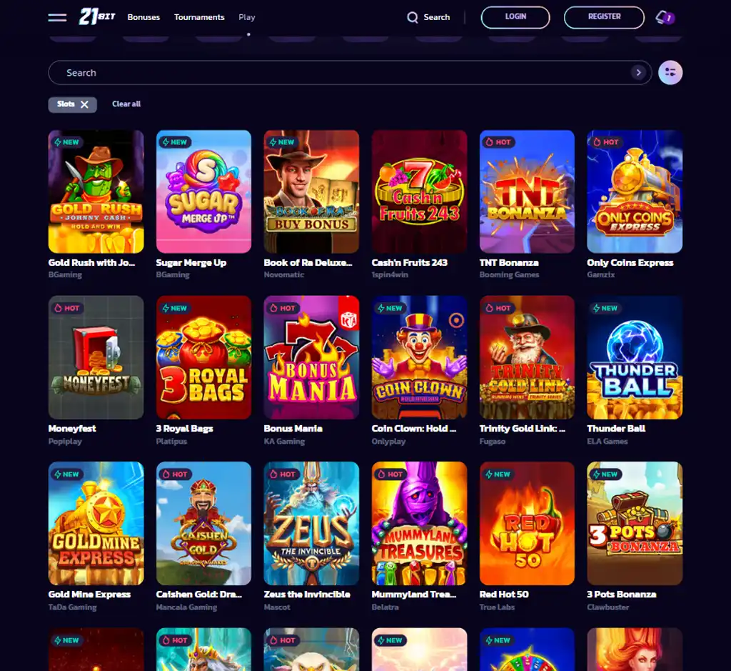 21 Bit Casino desktop slots lobby screenshot presenting variety of slot games with categories and providers - verified 21 Bit Casino desktop slots lobby screenshot presenting variety of slot games with categories and providers - verified