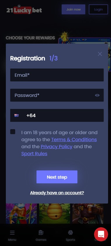 21LuckyBet Casino Registration Process Image 1
