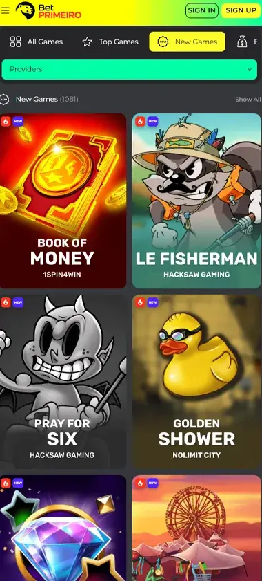 BetPRIMEIRO Casino mobile new games screenshot showing recently added titles, featured slots and game thumbnails - tested BetPRIMEIRO Casino mobile new games screenshot showing recently added titles, featured slots and game thumbnails - tested