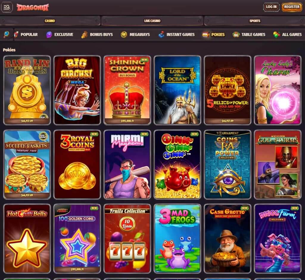 Dragonia Casino desktop slots screenshot showing slot game categories, featured titles and filtering options - tested