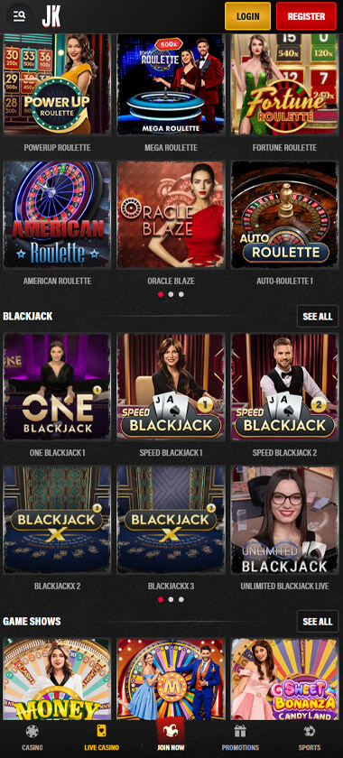 Jokery Casino mobile live casino screenshot showing real-dealer tables including roulette, blackjack and baccarat on smartphone interface - tested Jokery Casino mobile live casino screenshot showing real-dealer tables including roulette, blackjack and baccarat on smartphone interface - tested