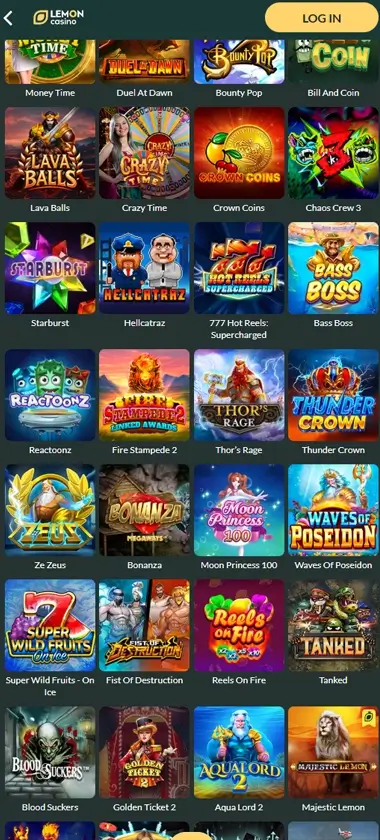 Lemon Casino mobile slots screenshot showing mobile-optimized selection of slot games with smooth navigation – tested