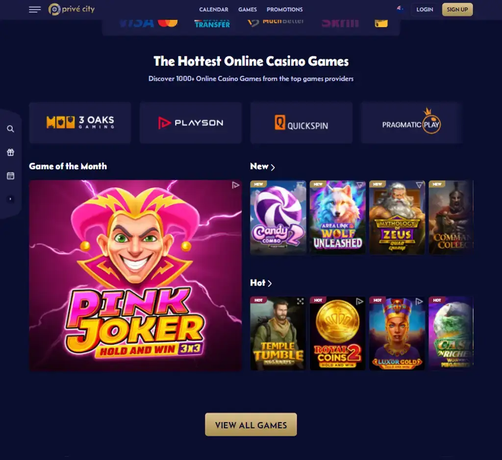 Prive City Casino desktop homepage screenshot displaying main lobby with featured games, promotions and navigation menu - tested