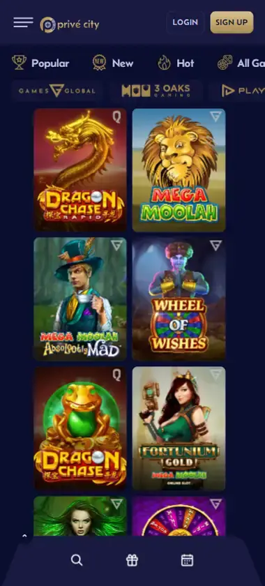 Prive City Casino mobile jackpots interface screenshot displaying jackpot slot games and featured prize amounts - captured during platform testing