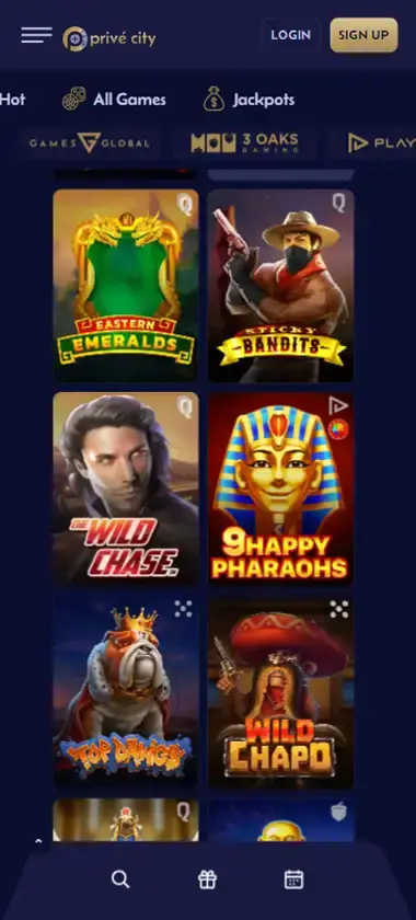 Prive City Casino mobile slots interface screenshot showing slot game selection with popular titles and filtering options - captured during platform testing