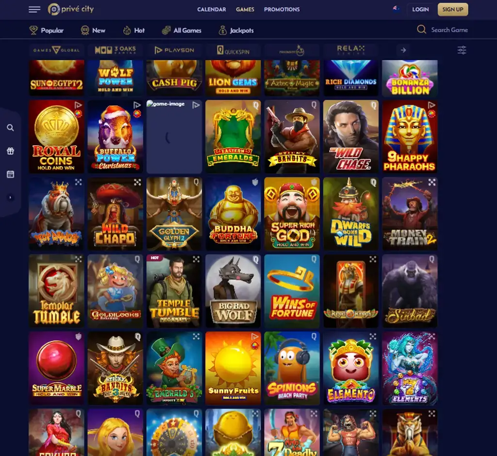Prive City Casino desktop slots lobby screenshot presenting variety of slot games with categories and providers - verified