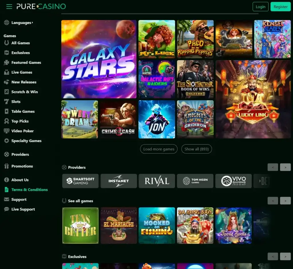 Pure Casino desktop homepage screenshot displaying main casino lobby with featured games, promotions and navigation menu - tested