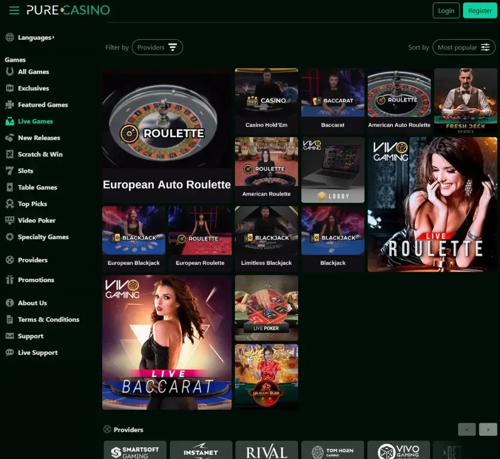 Pure Casino desktop live casino lobby featuring live dealer games and real-time streaming interface - tested