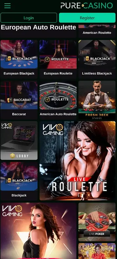 Pure Casino mobile live casino interface showing live dealer tables including blackjack and roulette - captured during platform testing