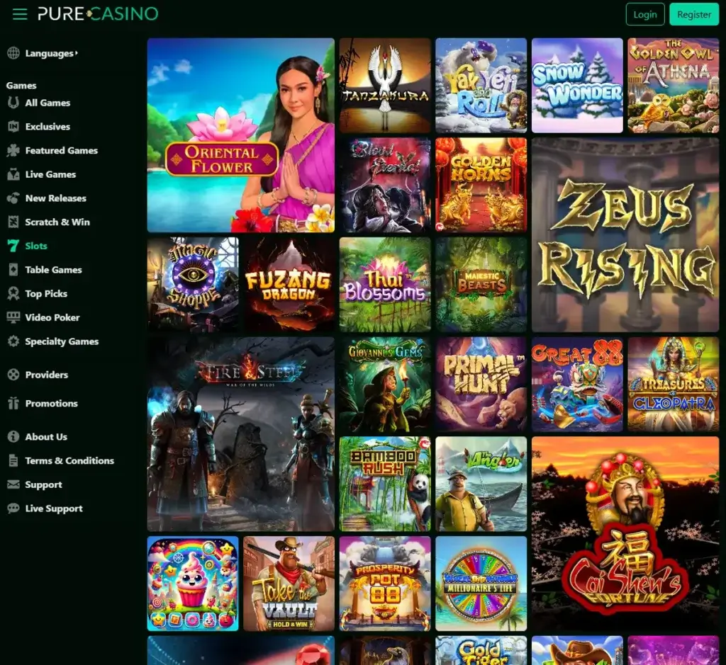 Pure Casino desktop slots lobby presenting a variety of slot games with categories and providers - tested
