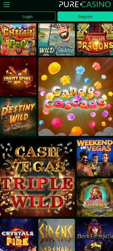Pure Casino mobile slots interface showing slot game selection with popular titles and filtering options - captured during platform testing