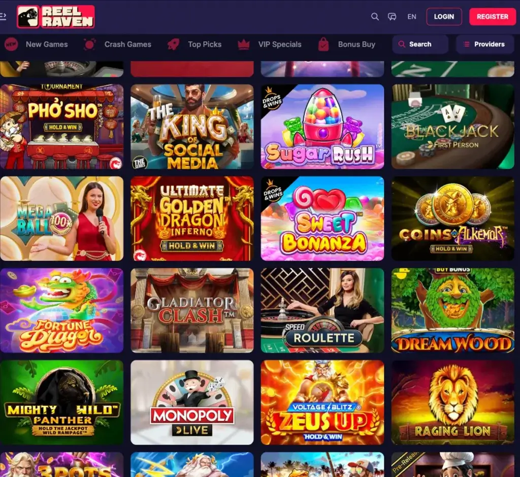 ReelRaven Casino desktop homepage screenshot displaying hero banners, navigation menu, featured games, and promotional sections on widescreen interface - tested ReelRaven Casino desktop homepage screenshot displaying hero banners, navigation menu, featured games, and promotional sections on widescreen interface - tested