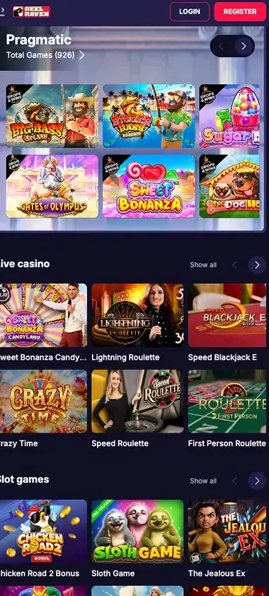 ReelRaven Casino mobile homepage screenshot displaying hero banners, navigation menu, featured games, and promotional sections on widescreen interface - tested ReelRaven Casino mobile homepage screenshot displaying hero banners, navigation menu, featured games, and promotional sections on widescreen interface - tested