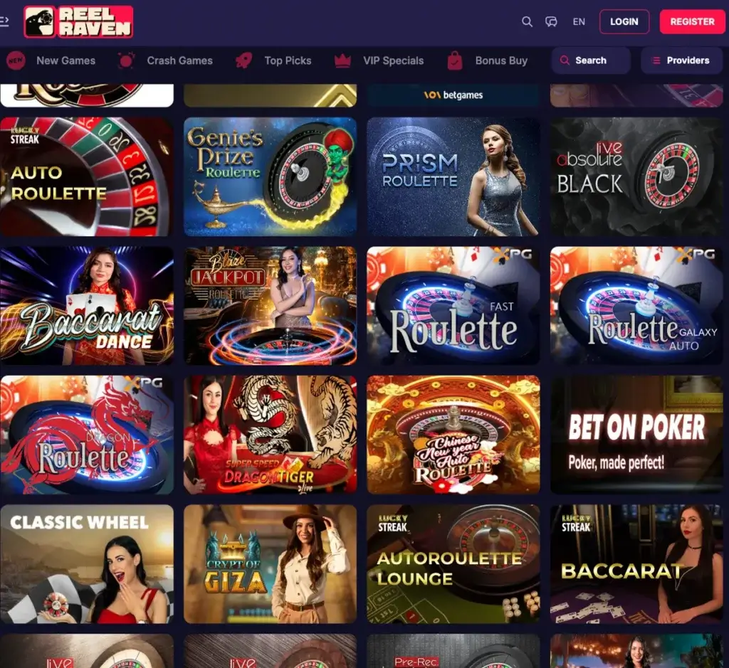ReelRaven Casino desktop live casino screenshot displaying live dealer tables, streaming interface, and game selection grid on widescreen layout - tested ReelRaven Casino desktop live casino screenshot displaying live dealer tables, streaming interface, and game selection grid on widescreen layout - tested