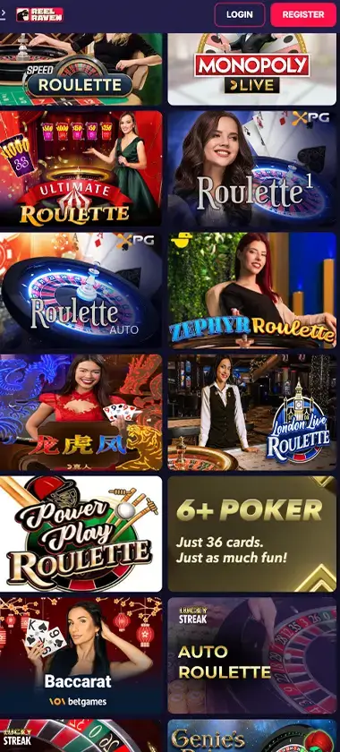 ReelRaven Casino mobile live casino screenshot showing live dealer tables, game thumbnails, and lobby navigation on smartphone interface - tested ReelRaven Casino mobile live casino screenshot showing live dealer tables, game thumbnails, and lobby navigation on smartphone interface - tested