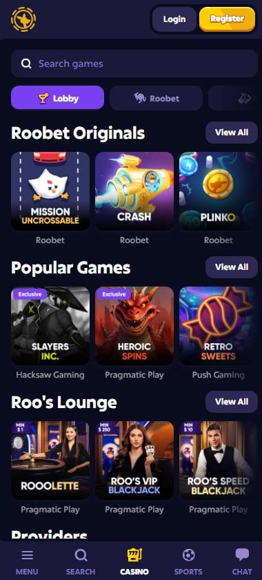 Roobet Casino game types mobile review