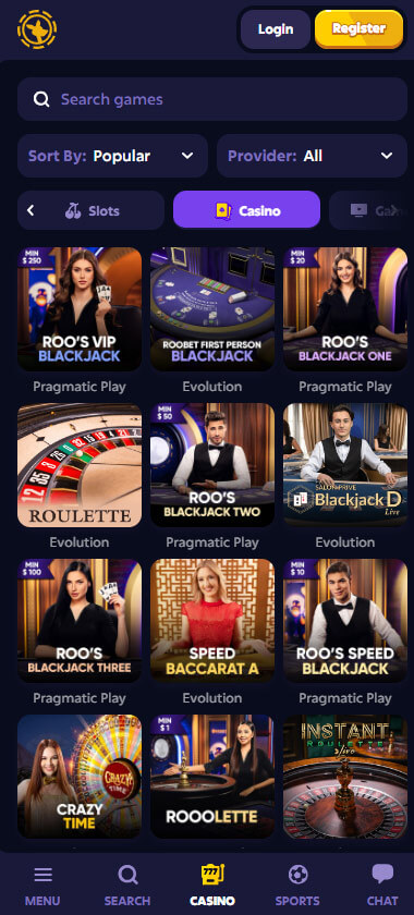 Roobet Casino live dealer games mobile review