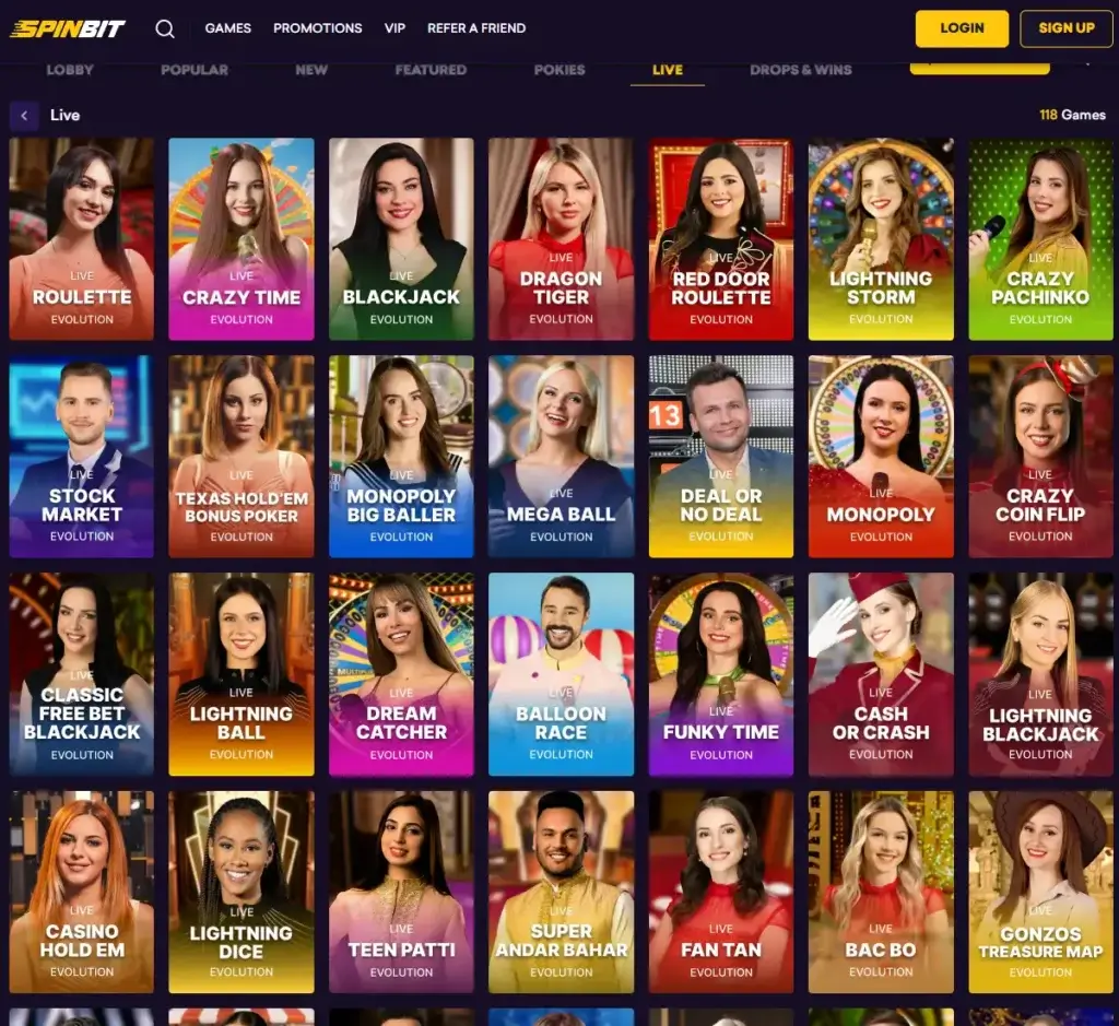 Spinbit Casino desktop live casino screenshot showing real-dealer tables including roulette, blackjack and baccarat with lobby navigation - tested