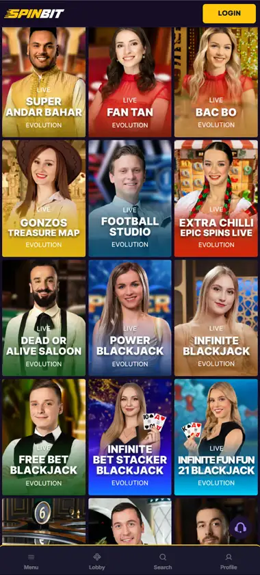 Spinbit Casino mobile live casino screenshot showing real-dealer tables including roulette, blackjack and baccarat on smartphone interface - tested