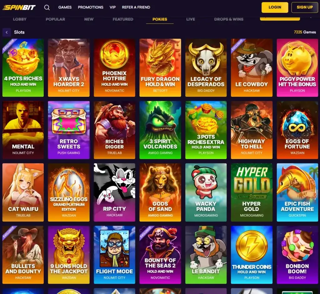 Spinbit Casino desktop slots screenshot showing a wide variety of slot games from multiple providers – tested