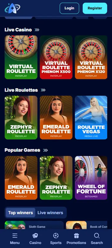 Andromedasino Casino mobile live casino interface showing live dealer tables including blackjack and roulette - captured during platform testing