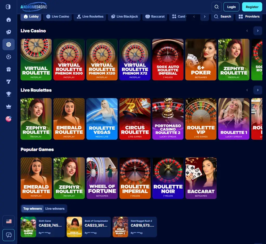 Andromedasino Casino desktop live casino lobby featuring live dealer games and real-time streaming interface - tested