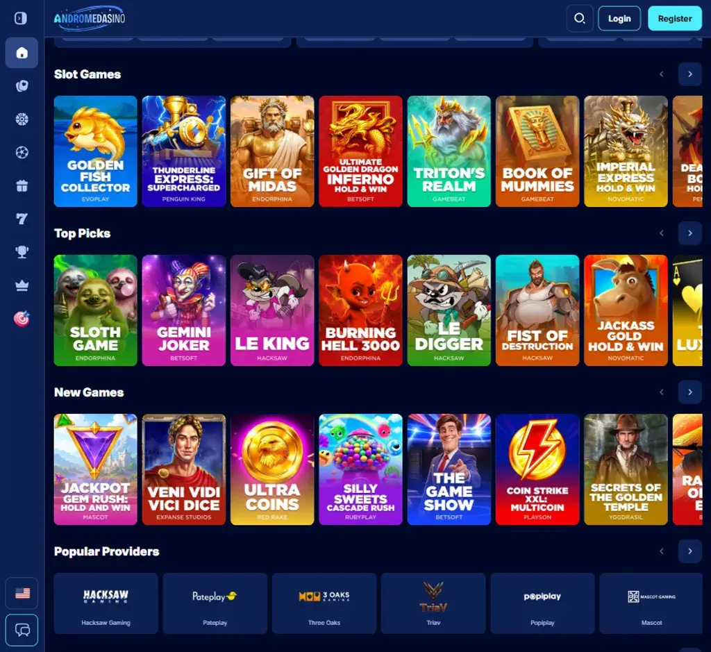 Andromedasino Casino desktop slots lobby screenshot presenting variety of slot games with categories and providers - verified