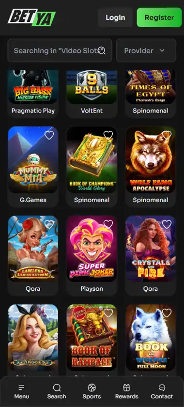 BetYa Casino mobile slots interface screenshot showing slot game selection with popular titles and filtering options - captured during platform testing