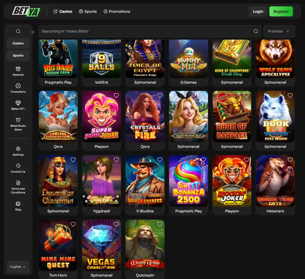 BetYa Casino desktop slots lobby screenshot presenting variety of slot games with categories and providers - verified