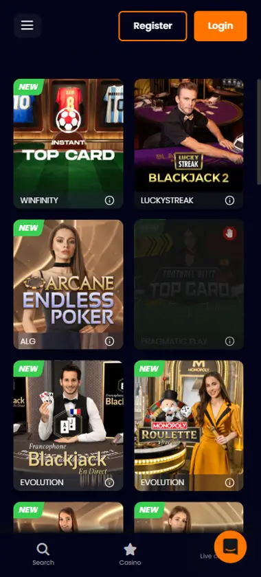 BetBrave Casino mobile live casino interface showing live dealer tables including blackjack and roulette - captured during platform testing