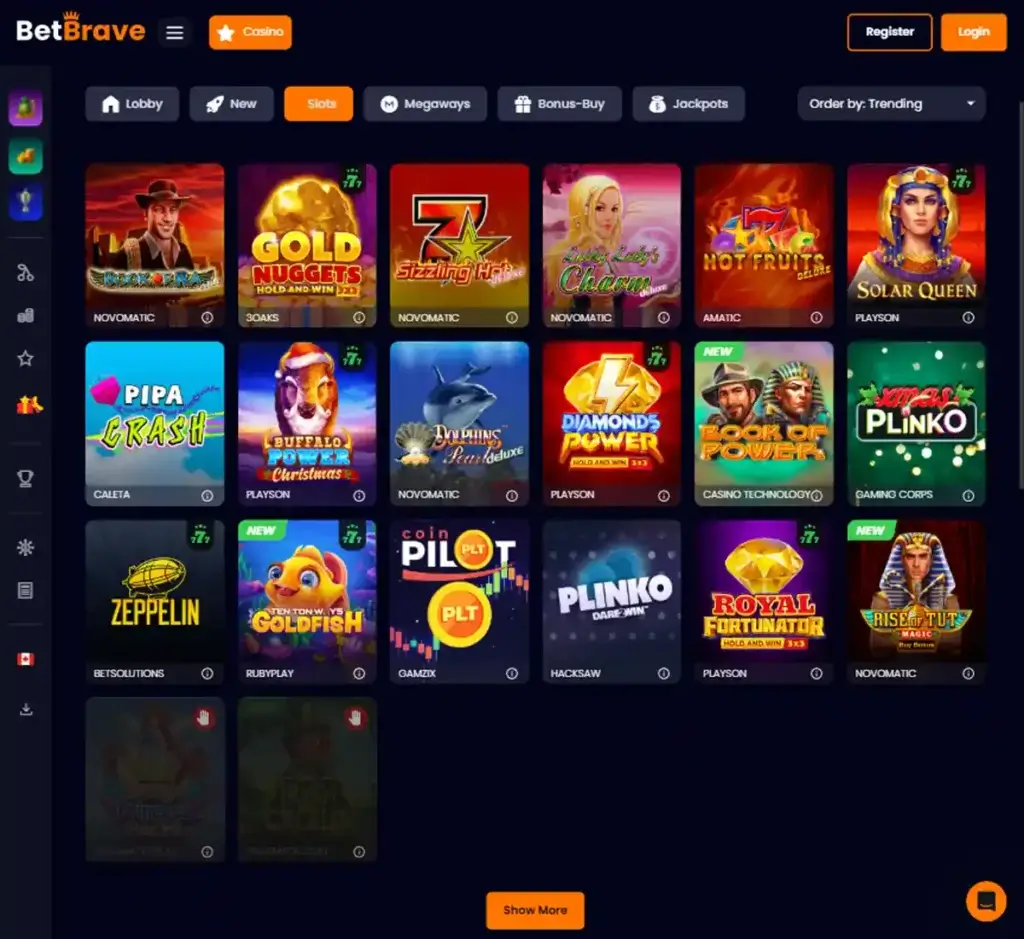 BetBrave Casino desktop slots lobby presenting a variety of slot games with categories and providers - tested