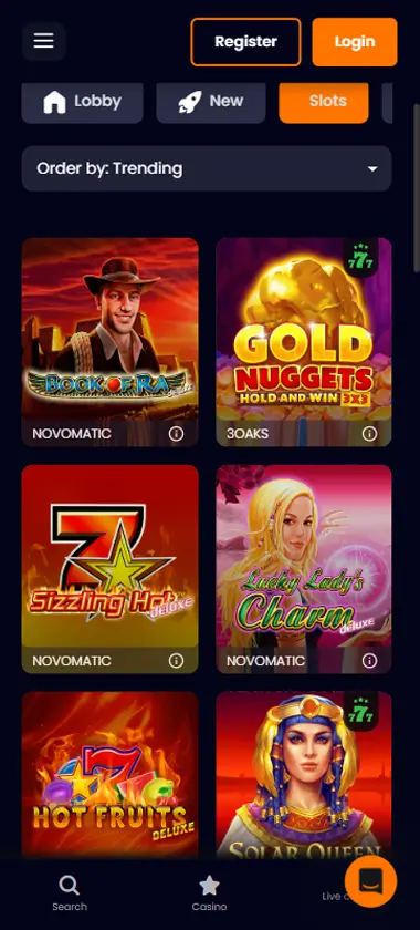 BetBrave Casino mobile slots interface showing slot game selection with popular titles and filtering options - captured during platform testing
