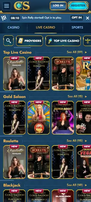 Casea Casino mobile live casino interface screenshot showing live dealer tables including blackjack and roulette - tested