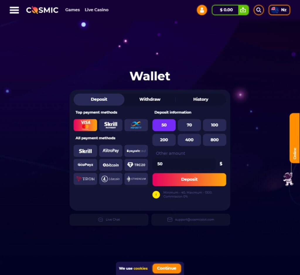 cosmic-slot-casino-deposit-methods-available-review