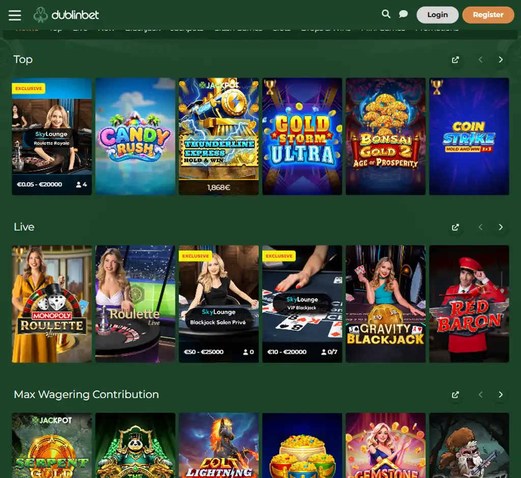 Dublin Bet Casino desktop homepage screenshot displaying main casino lobby with featured games, promotions and navigation menu - tested