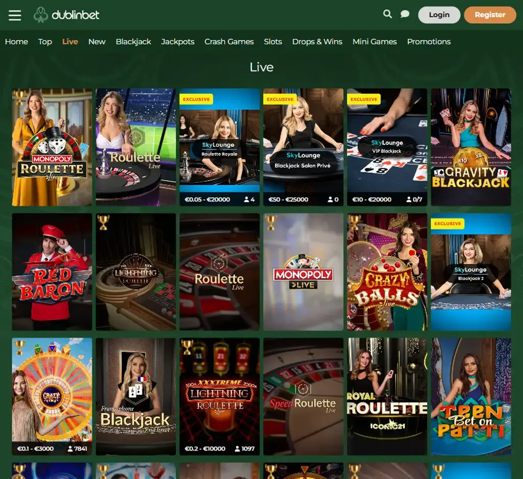 Dublin Bet Casino desktop live casino lobby screenshot featuring live dealer games and real-time streaming interface - review testing