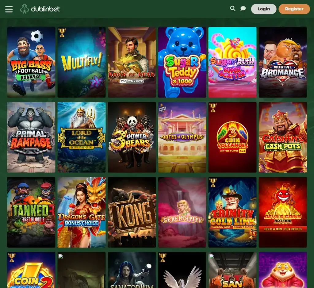 Dublin Bet Casino desktop slots lobby screenshot presenting variety of slot games with categories and providers - verified