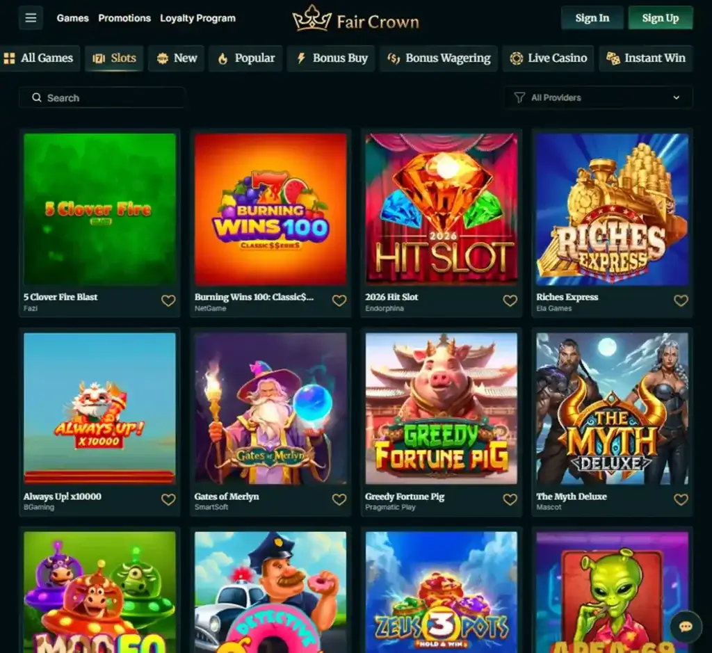 FairCrown Casino desktop slots lobby presenting a variety of slot games with categories and providers - tested FairCrown Casino desktop slots lobby presenting a variety of slot games with categories and providers - tested