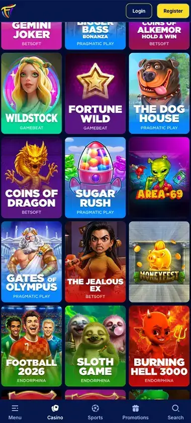 Fiesta Slots Casino mobile slots interface screenshot showing slot game selection with popular titles and filtering options - tested