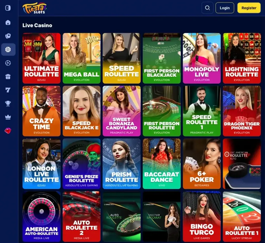 Fiesta Slots Casino desktop live casino lobby screenshot featuring live dealer games and real-time streaming interface - tested