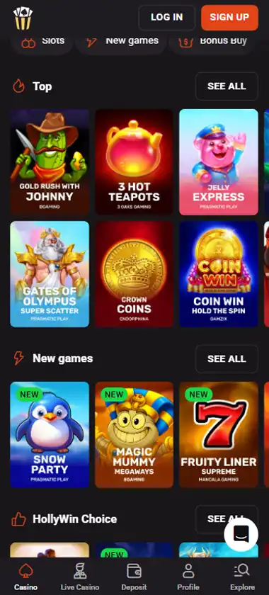 Hollywin Casino mobile preview 2